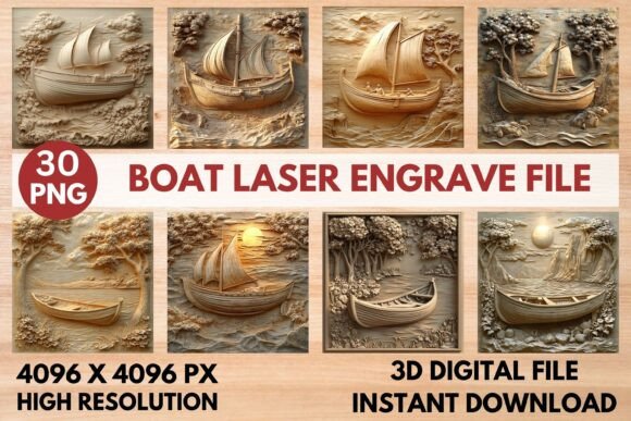 Boat Laser Engrave File: Premium 3D PNG for Laser Projects