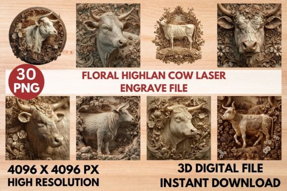 Floral Highland Cow Laser Engrave File